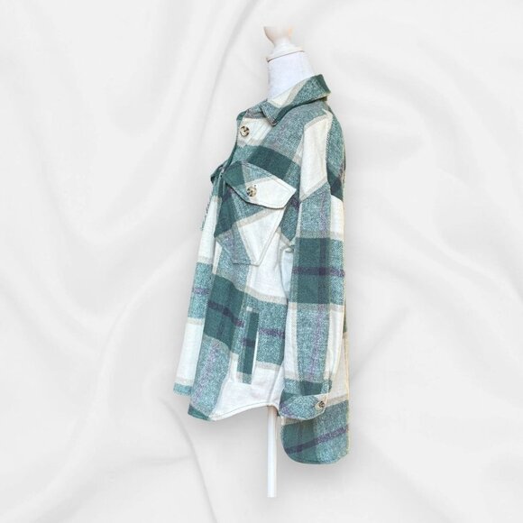 Green & White Plaid Button-Down Oversized Shirt Jacket By So Womens Size S Made - Picture 2 of 9